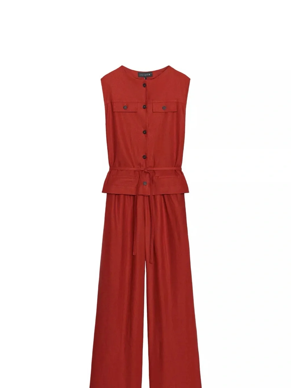 Zara Rust Red linen Sleeveless Wide-Leg Jumpsuit playsuit with Tie Waist